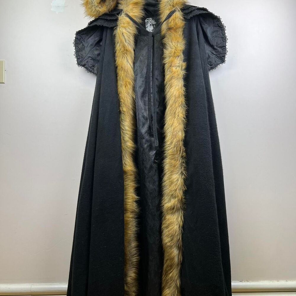 Punk Rave Gothic Black Fux Fur Y-673 Steampunk VTG Regency Cloak Coat Size L